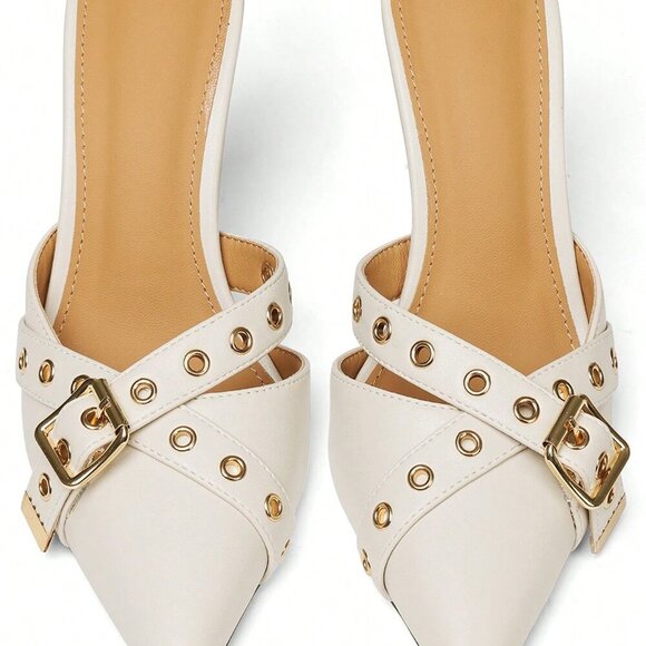 White Elegant Women's Pointed Toe Mules Pumps - Picture 8 of 10